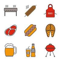 Ensemble d'icônes de couleur barbecue. un barbecue. grillades, brochettes de maïs, tablier, steak, hot-dog, poisson, chope de bière, soda. illustrations vectorielles isolées vecteur