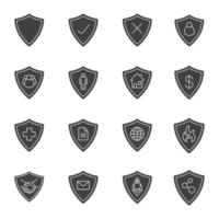 ensemble d'icônes de glyphe de boucliers de protection. symboles de silhouette. e-mail, personnes, maison, réseau et connexion Internet, sécurité de l'argent. illustration vectorielle isolée