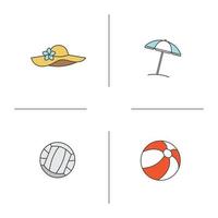 ensemble d'icônes de couleur d'été. vacances d'été. ballons de volley-ball et de plage, parapluie, chapeau de femme. illustrations vectorielles isolées vecteur