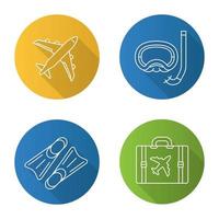 vacances d'été plat linéaire grandissime icônes définies. vol en avion, aqualung, palmes, valise à bagages. illustration de la ligne vectorielle vecteur
