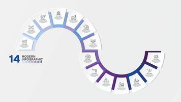 bleu Ton cercle infographie avec 14 pas, processus ou options. vecteur