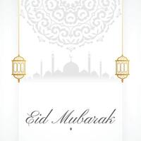élégant eid mubarak salutation carte avec mosquée et lanterne conception vecteur