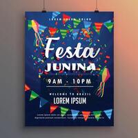 festa Junina fête prospectus affiche avec confettis et guirlandes décoration vecteur