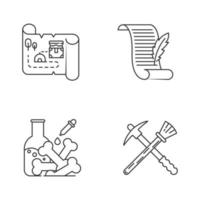 jeu d'icônes linéaires d'archéologie. carte au trésor. manuscrit ancien. recherche en laboratoire. matériel de restauration. symboles de contour de ligne mince. illustrations de contour de vecteur isolé. trait modifiable