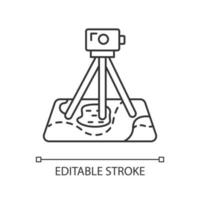 icône linéaire d'enquête sur le terrain. matériel de recherche. examen archéologique. outil numérique sur la carte. données topographiques. illustration de la ligne mince. symbole de contour. dessin de contour isolé de vecteur. trait modifiable vecteur