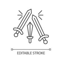 icône linéaire de combat à l'épée. affrontement d'armes. histoire ancienne. épées longues et épées larges. culture médiévale. illustration de la ligne mince. symbole de contour. dessin de contour isolé de vecteur. trait modifiable vecteur