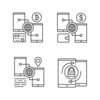 jeu d'icônes linéaires smartphone. portefeuilles numériques bitcoin et dollar, navigation gps, synchronisation de sécurité. symboles de contour de ligne mince. illustrations de contour de vecteur isolé