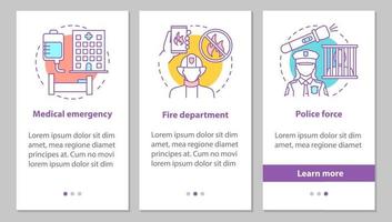 écran de page d'application mobile d'intégration des services publics avec des concepts. force de police, service des pompiers, instructions graphiques des étapes d'urgence médicale. modèle vectoriel ux, ui, gui avec illustrations