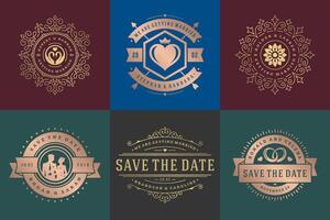 mariage invitations enregistrer le Date logos et badges élégant modèles ensemble vecteur