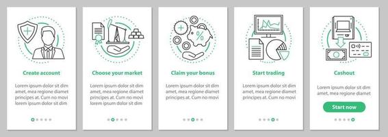 écran de page d'application mobile d'intégration de trading sur Internet avec des concepts linéaires. instructions graphiques commerciales en ligne. modèle vectoriel ux, ui, gui avec illustrations