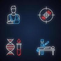 ensemble d'icônes de néon de procédure médicale. plâtre orthopédique. aide aux os fracturés. immunothérapie. test génétique. hélice d'adn et molécules. diagnostic d'autopsie. signes lumineux. illustrations vectorielles isolées vecteur