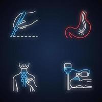 ensemble d'icônes de néon de procédure médicale. opération. endoscopie et gastroscopie. tube digestif, contrôle de l'estomac. physiothérapie. anesthésie. aide clinique. signes lumineux. illustrations vectorielles isolées vecteur