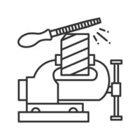 vice de banc fixant l'icône linéaire de planche de bois. illustration de la ligne mince. étau de jambe et lime en métal. symbole de contour. dessin de contour isolé de vecteur