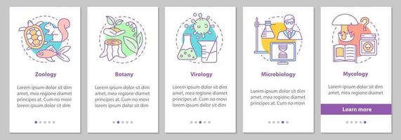 branches de biologie intégrant l'écran de la page de l'application mobile avec des concepts linéaires. zoologie, botanique, virologie, microbiologie, instructions graphiques des étapes de la mycologie. modèle vectoriel ux, ui, gui avec illustrations