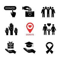 ensemble d'icônes de glyphe de charité. symboles de silhouette. bouton de don, collecte de fonds, emplacement de l'organisation caritative, famille, cadeau, unité dans la diversité, éducation gratuite, ruban anti-VIH. illustration vectorielle isolée vecteur