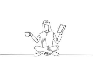 Célibataire un ligne dessin arabe homme séance jambes croisées en train de lire livre. accompagné par agresser de café à faire en train de lire plus intéressant. connaissance. calme. continu ligne conception graphique illustration vecteur