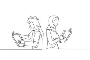 continu un ligne dessin arabe homme femme très concentré sur en train de lire livre. en train de lire fiction récit livre pendant vacances. livre Festival concept. très bien habitude. Célibataire ligne dessiner conception illustration vecteur