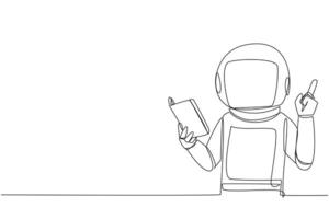 Célibataire continu ligne dessin astronaute permanent en train de lire livre. geste obtient idée. livre pouvez voir de différent points de voir. brillant idée de en train de lire livre. un ligne conception illustration vecteur