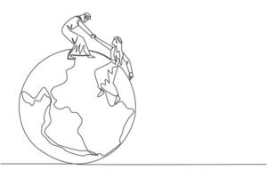 Célibataire un ligne dessin arabe homme d'affaire aide collègue montée gros globe. métaphore de atteindre Haut de le monde par en augmentant entreprise. travail en équipe. continu ligne conception graphique illustration vecteur