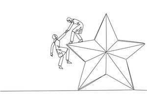 Célibataire un ligne dessin arabe femme d'affaires aide collègue montée étoile. métaphore de réalisation rêves de Succès ensemble. avoir une très bien carrière position. continu ligne conception graphique illustration vecteur