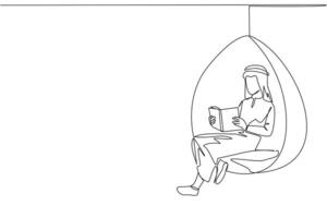 Célibataire continu ligne dessin arabe homme séance détendu dans pendaison chaise en train de lire une livre. dépenses le fin de semaine en train de lire le préféré fiction récit livre. l'amour en lisant. un ligne conception illustration vecteur