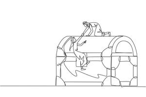 Célibataire continu ligne dessin arabe homme d'affaire aide collègue montée grand Trésor poitrine. avoir extraordinaire bénéfices. partager également. plus forte ensemble. récompense. un ligne conception illustration vecteur