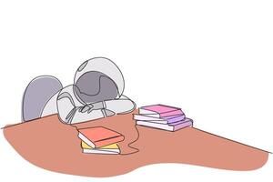 Célibataire continu ligne dessin astronaute endormi à table où là étaient piles de livres. fatigué après avec succès terminer préféré en train de lire livre. l'amour en lisant. un ligne conception illustration vecteur