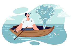 homme est assis dans naufrage bateau et des risques Aller à la mer dû à ne pas connaissance Comment à résoudre problème vecteur
