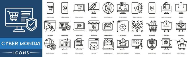 cyber Lundi icône ensemble. en ligne achats , commerce électronique offres, numérique remises, cyber ventes, l'Internet achats, virtuel bonnes affaires, en ligne promotions, technologie remises icône. vecteur