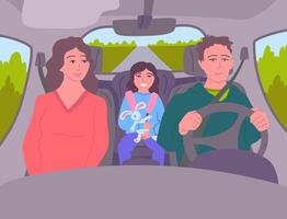 dessin animé Couleur personnages gens content famille à l'intérieur voiture concept vecteur