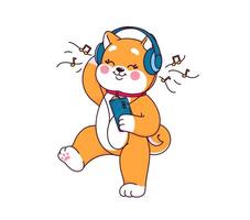 dessin animé shiba inu écoute la musique dans écouteurs. vecteur