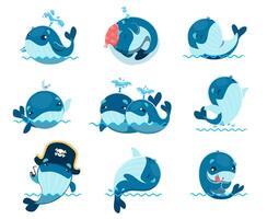 dessin animé mignonne kawaii baleine personnages, mer animaux vecteur