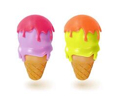 3d différent gaufre cône avec boules de la glace crème ensemble sucré dessert nourriture dessin animé vecteur