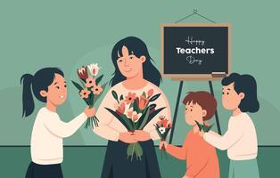 content enseignants journée illustration. élèves saluer le prof avec fleurs. vecteur