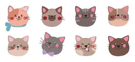 mignonne et sourire chat têtes griffonnage ensemble. bande dessinée content chat visages personnage conception de différent chat race avec plat Couleur isolé sur blanc Contexte. conception illustration pour autocollant, bande dessinée, clipart. vecteur