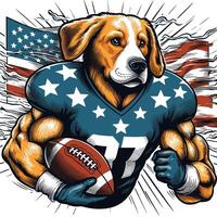 une chien personnage en portant américain Football avec drapeau gravé style vecteur