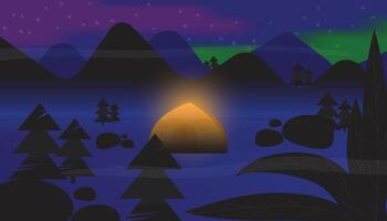 magnifique nuit paysage avec aurore ou polaire lumières dans ciel et camp à foncé avec des arbres et Montagne silhouette illustration. vecteur