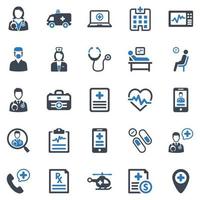 jeu d'icônes de soins de santé - illustration vectorielle. soins de santé, médical, médecin, stéthoscope, aide médicale, aide médicale, chirurgien, infirmière, hôpital, patient, cardiogramme, icônes. vecteur