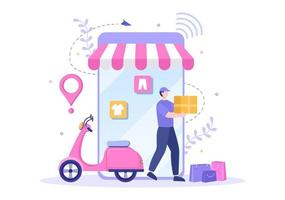 magasin mobile ou achats en ligne dans l'illustration vectorielle de l'application. promotion du marketing numérique, paiement et achat par carte de crédit pour affiche vecteur