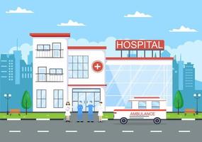 bâtiment de l'hôpital pour l'illustration vectorielle de fond de soins de santé avec, voiture d'ambulance, médecin, patient, infirmières et extérieur de la clinique médicale vecteur