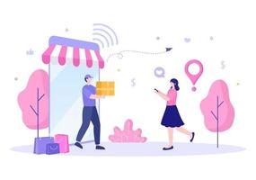 magasin mobile ou achats en ligne dans l'illustration vectorielle de l'application. promotion du marketing numérique, paiement et achat par carte de crédit pour affiche vecteur