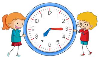 Doodle garçon et fille avec horloge vecteur