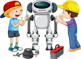 enfants réparant un robot ensemble vecteur