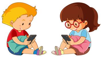 Garçon et fille jouant un téléphone portable vecteur