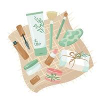 bois bouteilles, papier tubes avec biologique produits de beauté pour éco amical vie. coloré illustration de Naturel soin de la peau des produits, bougie, rouge à lèvres sur toile. zéro déchets mode de vie concept vecteur