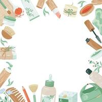 Cadre avec Naturel bois bouteilles, pots et papier tubes pour éco amical vie. coloré illustration biologique végétalien produits de beauté pour faire avec vide blanc espace. zéro déchets mode de vie concept vecteur