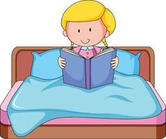 petite fille lisant un livre de contes sur le lit vecteur