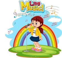 logo de musique live avec une fille chantant sur fond arc-en-ciel vecteur