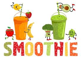 fruit et légume smoothies. dessin animé smoothies. mignonne kawaii des fruits et légume. orange, fraise, baie, banane et Avocat smoothie. biologique fruit secouer. plat conception vecteur