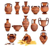 ancien grec des vases ensemble. logos avec grec antiquité urnes. endommagé fissuré ancien grec vases. vieux romain Fait main argile des pots vecteur